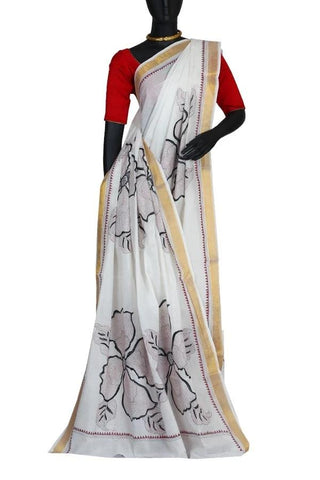 White Colored Pure Cotton Kantha Stitch Saree with Hand Stitch Work