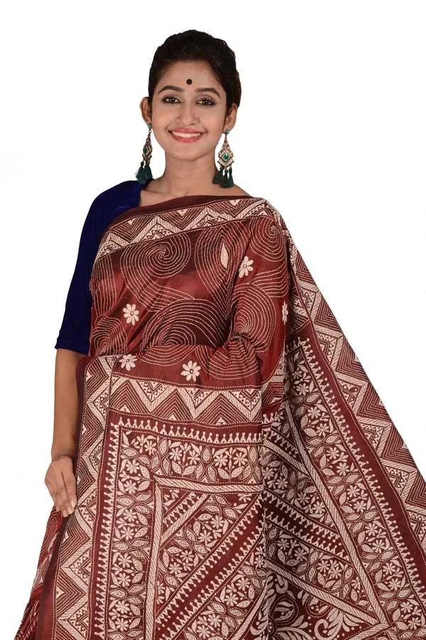 Black Berry Color Kantha Stitch Saree with Multi Colored Hand Thread Work Saree