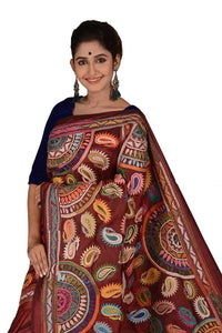 Black Berry Color Kantha Stitch Saree with Multi Colored Hand Thread Work Saree