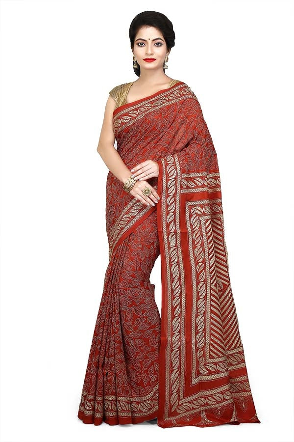Magenta Pure Bangalore Silk Kantha Stitch Saree