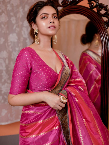Pink and Gold Silk Brocade Readymade Blouse
