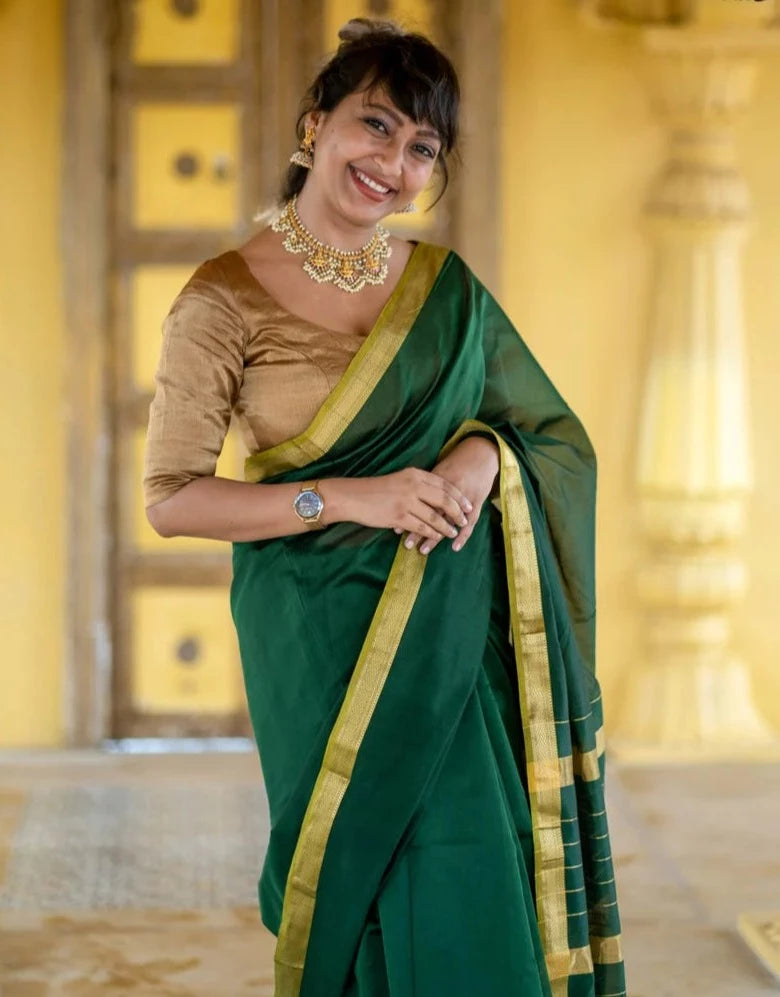 Green And Golden Saree In Cotton Silk