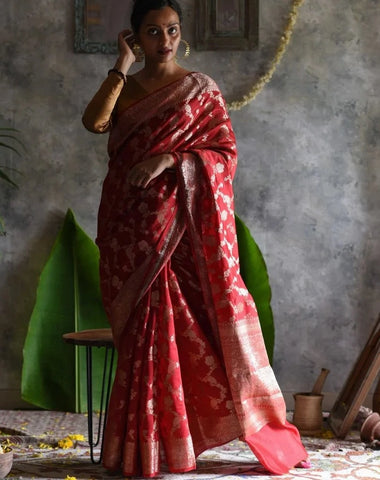 Beautiful Red Mul Cotton Saree With Artificial Zari