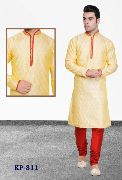 Yellow Colored Dupion Silk Mens Kurta Pajama Set