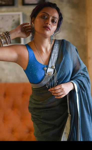 Blue Sequin Viscose Sleevless Blouse