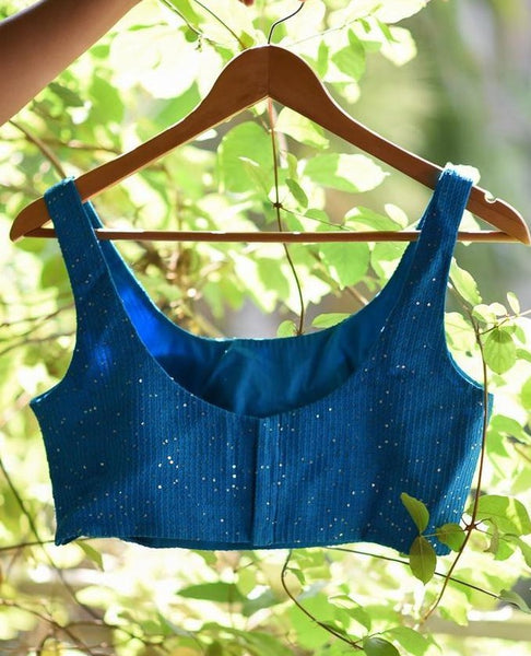 Blue Sequin Viscose Sleevless Blouse