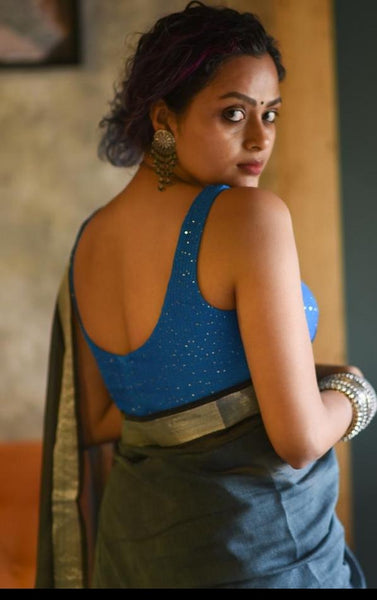 Blue Sequin Viscose Sleevless Blouse