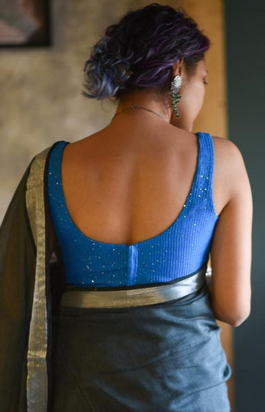 Blue Sequin Viscose Sleevless Blouse
