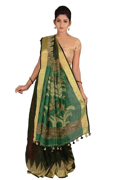 Sap Green Festive Handloom Linen Saree