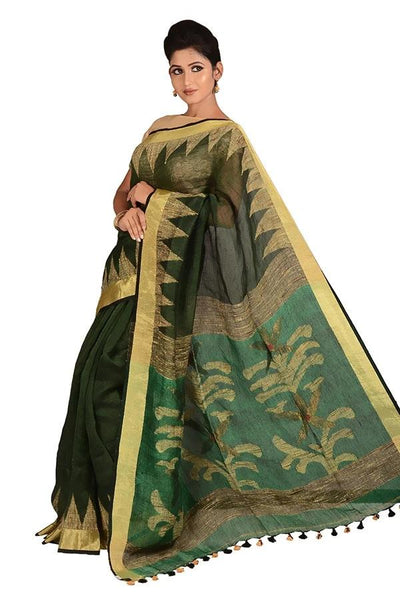 Sap Green Festive Handloom Linen Saree
