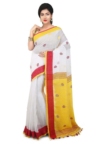 Yellow-White 100 Count Handwoven Linen Saree