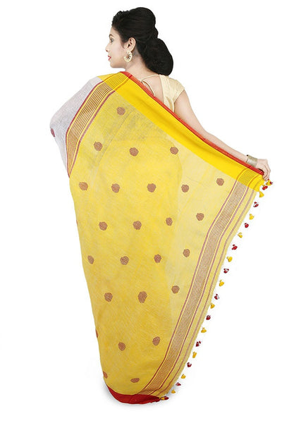 Yellow-White 100 Count Handwoven Linen Saree