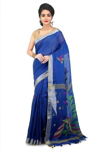 Navy Blue 100 Count Handwoven Linen Saree