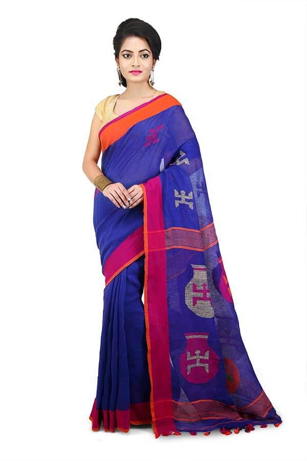 Prussian Blue 100 Count Handwoven Linen Saree