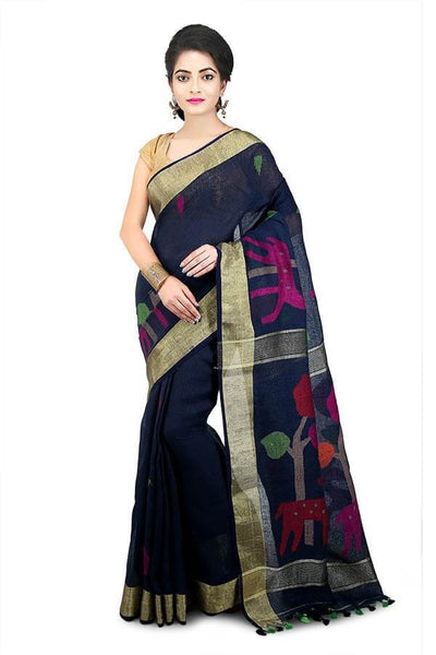 Dark Blue 100 Count Handwoven Linen Saree