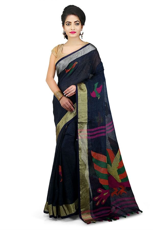 Dark-Blue 100 Count Handwoven Linen Saree