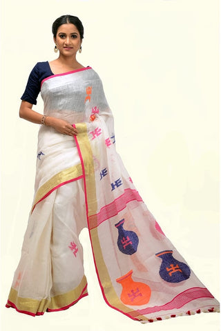 White Linen Handloom Saree