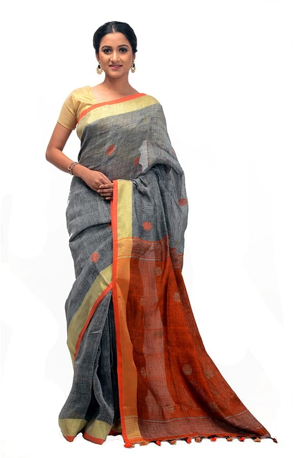 Orange-Ass 100 Count Handwoven Linen Saree
