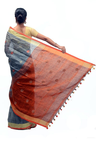 Orange-Ass 100 Count Handwoven Linen Saree