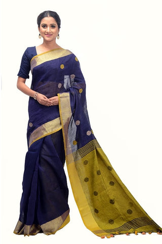 Mustard-Deep Blue Bi Color Stylist Linen Saree