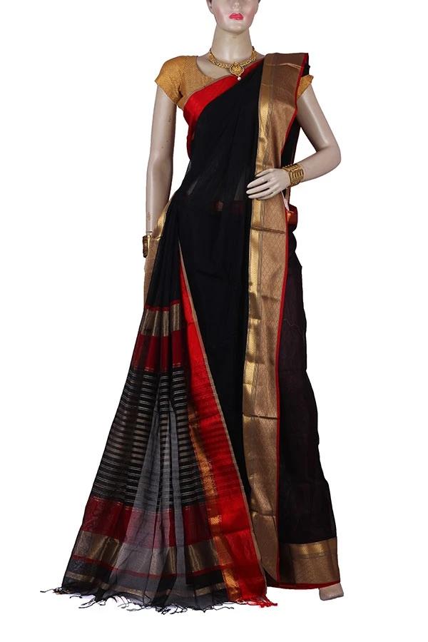 Black Color Maheshwari Silk Saree with Red and Golden Border