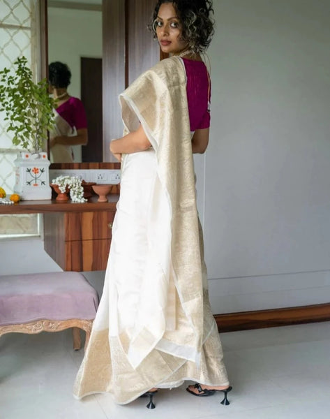 Stunning White Cotton Silk Saree