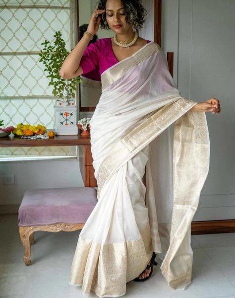 Stunning White Cotton Silk Saree