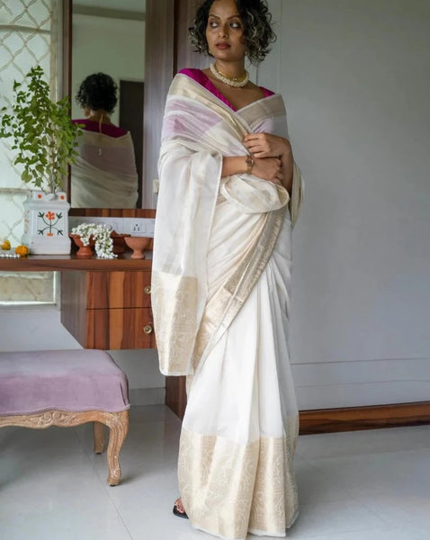 Stunning White Cotton Silk Saree