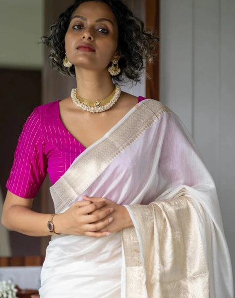 Stunning White Cotton Silk Saree