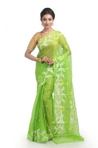 Lime Green Muslin Jamdani Resham Silk Saree