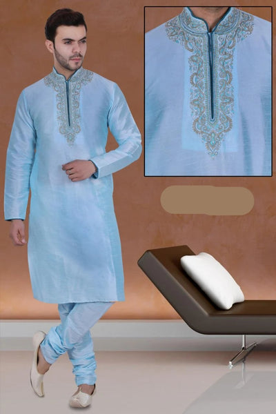 Blue Color Long Dupion Silk Men's Kurta Pajama Set