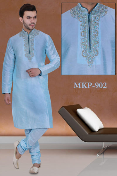 Blue Color Long Dupion Silk Men's Kurta Pajama Set