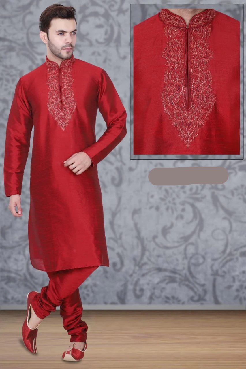 Red Color Long Dupion Silk Men's Kurta Pajama Set