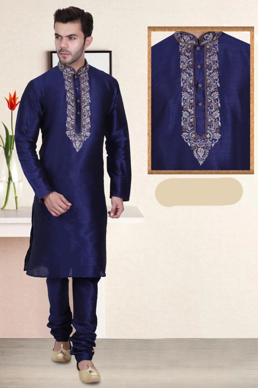 Navy Blue Color Long Dupion Silk Men's Kurta Pajama Set