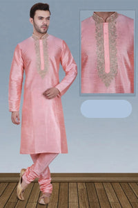 Baby Pink Color Long Dupion Silk Men's Kurta Pajama Set