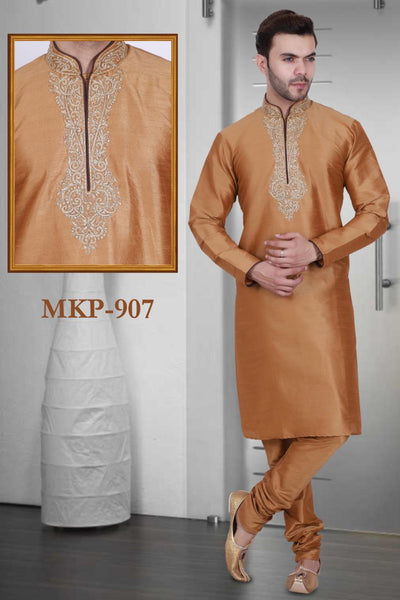 Bronze Color Long Dupion Silk Men's Kurta Pajama Set
