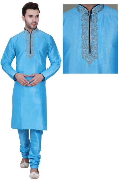 Azure Blue Color Long Dupion Silk Men's Kurta Pajama Set