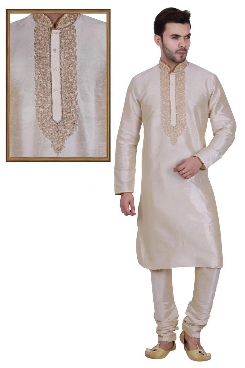 Light French Grey Color Long Dupion Silk Men's Kurta Pajama Set