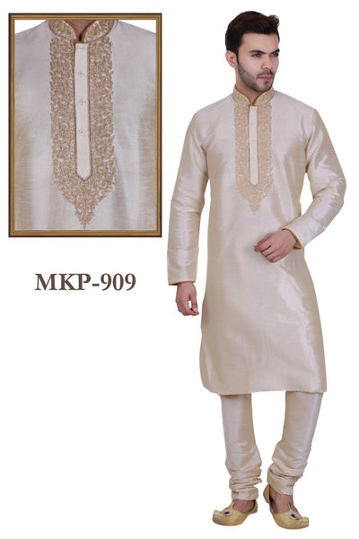 Light French Grey Color Long Dupion Silk Men's Kurta Pajama Set