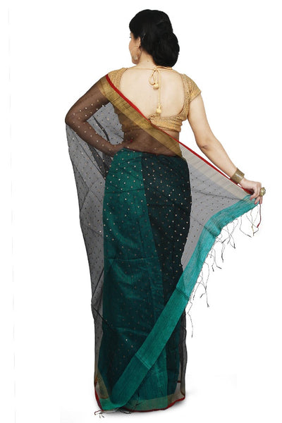 Designer Green & Black Pure Matka-Resham Silk Bi-Color Saree