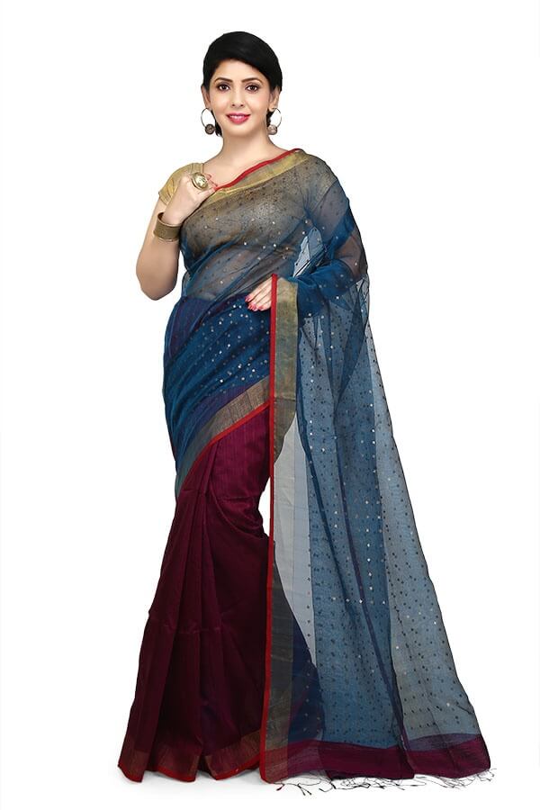 Blue & Maroon Bi Color Resham-Matka Silk Saree