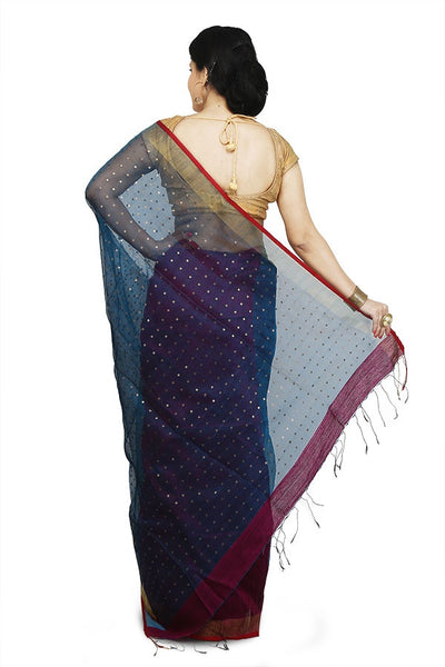 Blue & Maroon Bi Color Resham-Matka Silk Saree