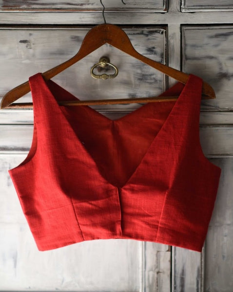 Red Cotton Readymade Sleeveless Blouse with Embroidery