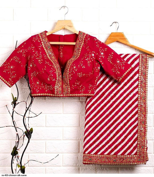 ReddishPink and White Georgette Chiffon Saree with Readymade Blouse