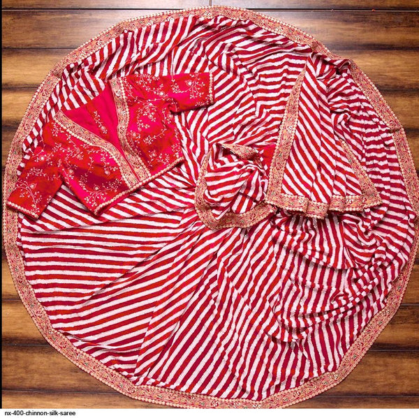 ReddishPink and White Georgette Chiffon Saree with Readymade Blouse