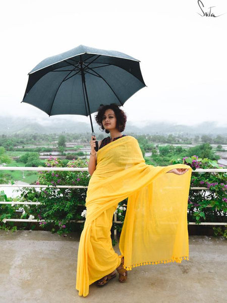 Butterfly Yellow Mul Cotton Saree