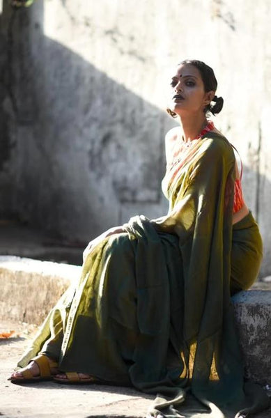 Wine Soaked Olive Cotton Saree