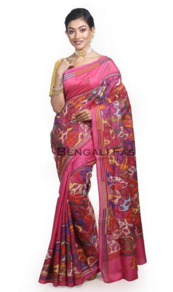 Pink Multicolor Pure Silk Shantiniketan Kantha Stitch Saree