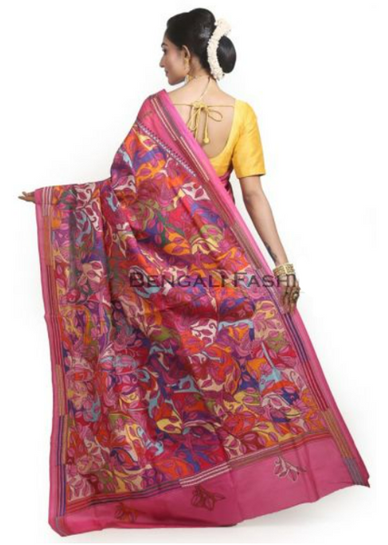 Pink Multicolor Pure Silk Shantiniketan Kantha Stitch Saree