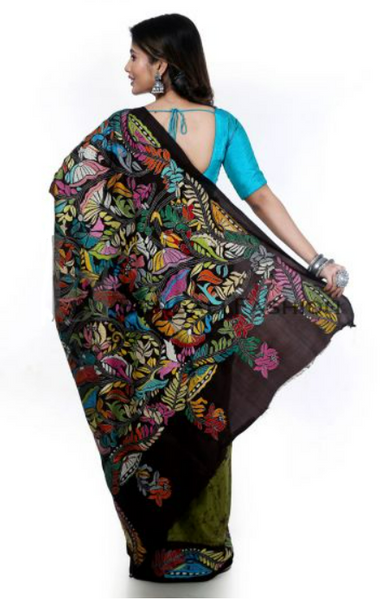 Pista Color Silkmark Kantha Stitch Saree with Batik Work
